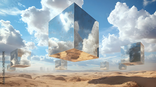 A sprawling desert where massive, reflective cubes levitate just above the ground, casting surreal, distorted reflections of the sky and sand while flickering with unknown energy