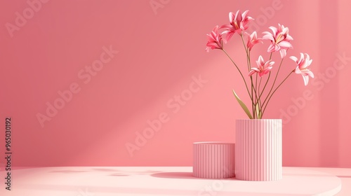 Elegant Illustration of Pink Flowers in a Minimalist Vase on a Pink Background