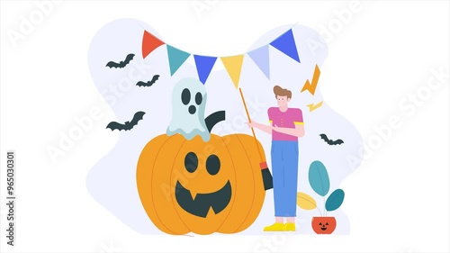 a man preaparing halloween decoration for event illustration business animated video photo