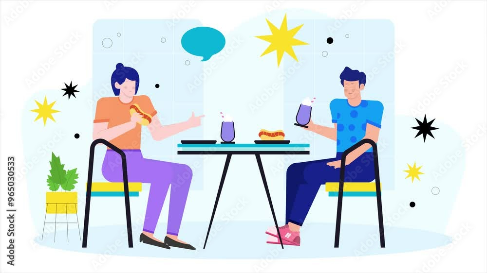 two friends enjoying a fun and relaxed lunch at an outdoor cafe with hot dogs and drinks illustration business animated video
