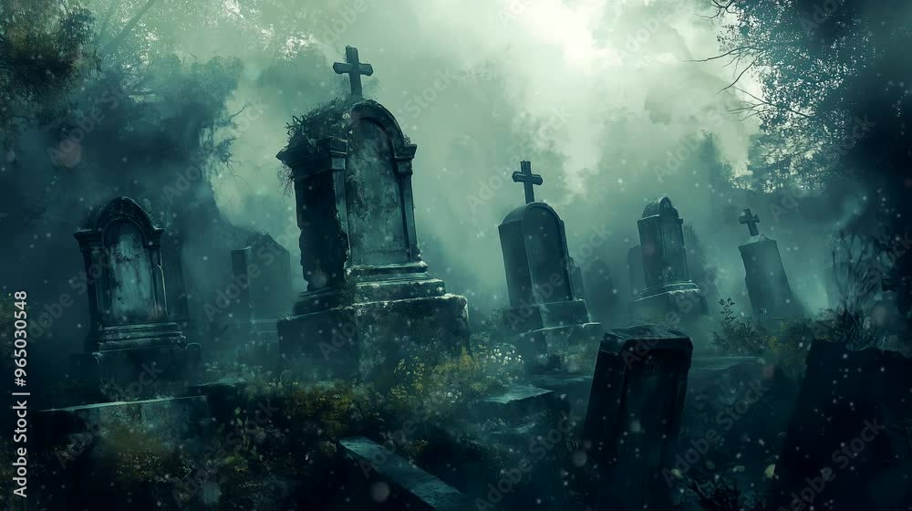 An ancient abandoned cemetery with gravestones, shrouded in a mist that eerily around the tombs. Halloween concept, looping 4k video animation background An ancient abandoned cemetery with gravestones, shrouded in a mist that eerily around the tombs. Halloween concept, looping 4k video animation background