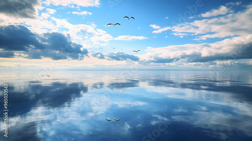 A coastline where the ocean has turned into an enormous glass surface, reflecting the sky in perfect detail, with birds seemingly flying both above and beneath the waterline photo