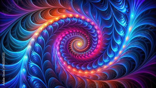 Abstract black light spiral background in blue pink and orange with a futuristic fractal design creating a visually stunning wallpaper resembling a bird s eye view, vibrant, psychedelic