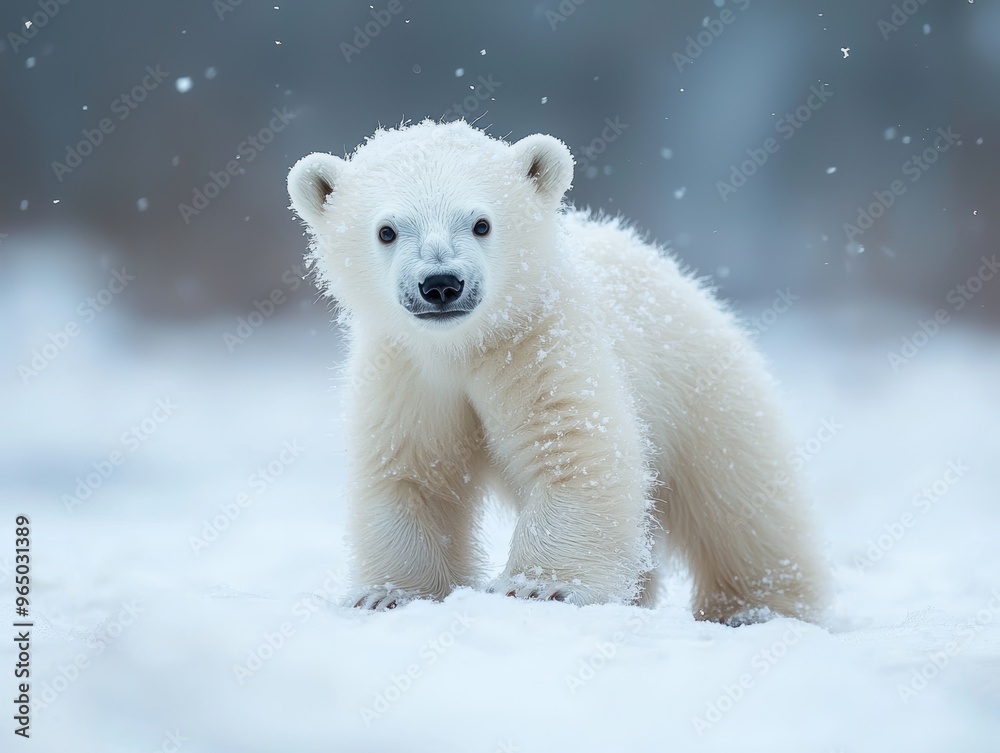 Cute baby polar bear in snow winter - ai