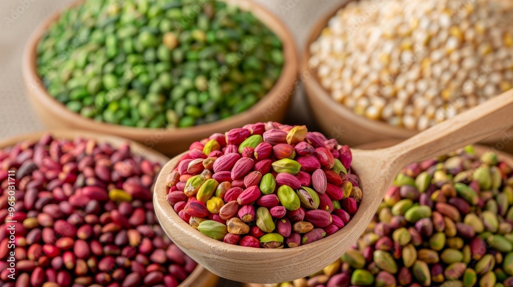 Colorful Pistachio Varieties, Close-up of vibrant red, green, and purple pistachios in a wooden spoon, Surrounded by bowls of mixed nuts and seeds, Nutritious Snack Option Colorful Pistachio Varieties, Close-up of vibrant red, green, and purple pistachios in a wooden spoon, Surrounded by bowls of mixed nuts and seeds, Nutritious Snack Option