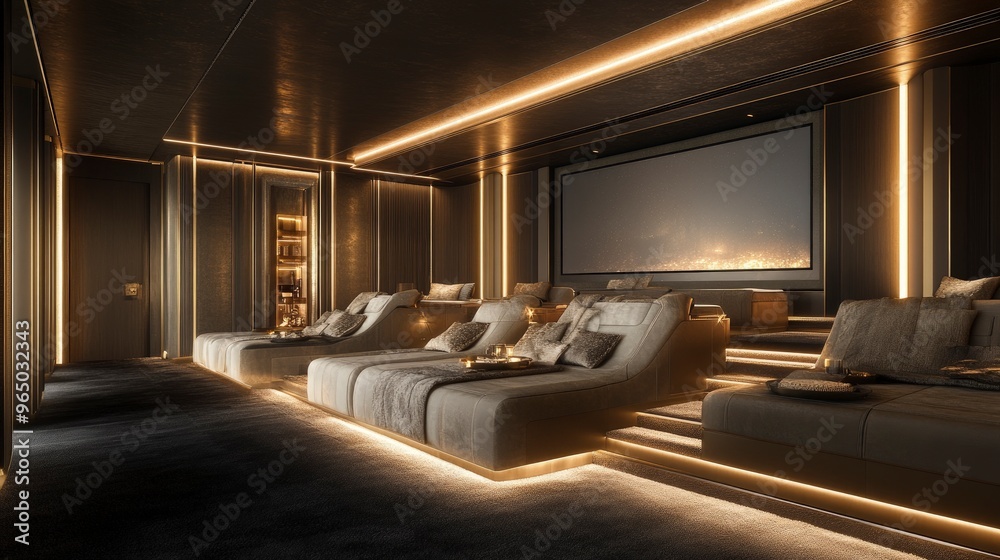 Contemporary home theater, with plush seating, a large screen, and surround sound speakers, dim lighting Contemporary home theater, with plush seating, a large screen, and surround sound speakers, dim lighting