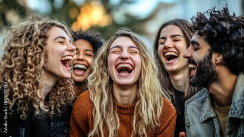 Group of friends laughing and having fun outdoors together, A joyful image that is popular in lifestyle, travel and entertainment.