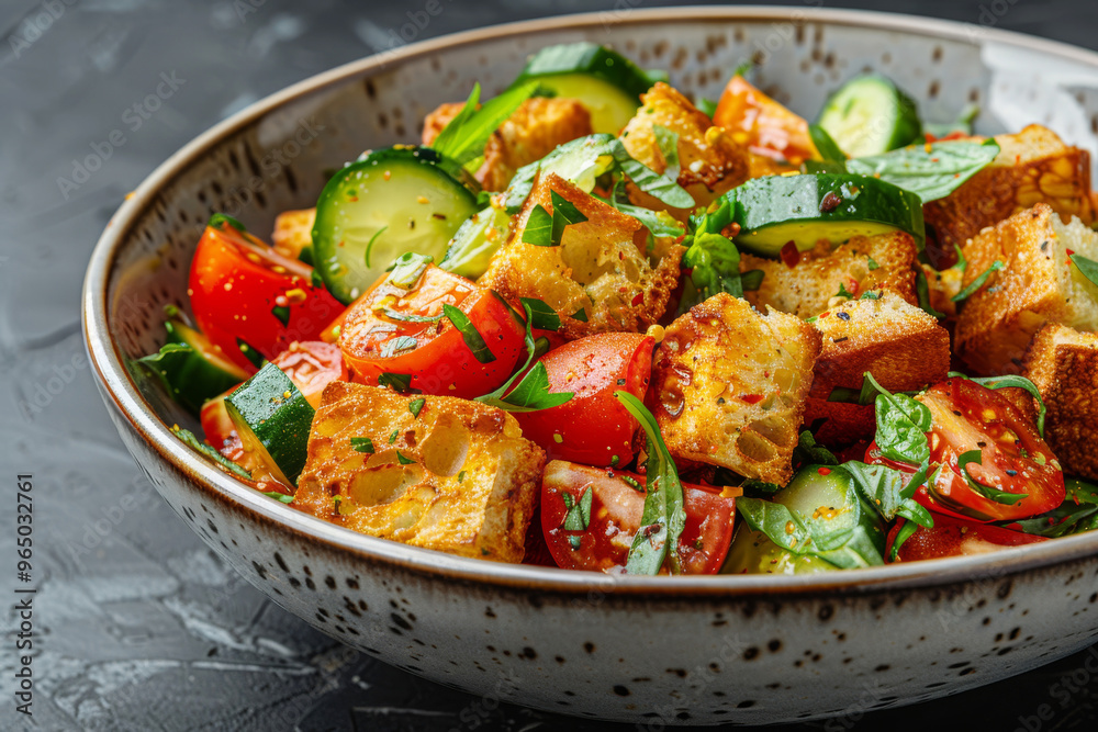 A bowl of panzanella salad with ripe tomatoes, cucumbers, and croutons
