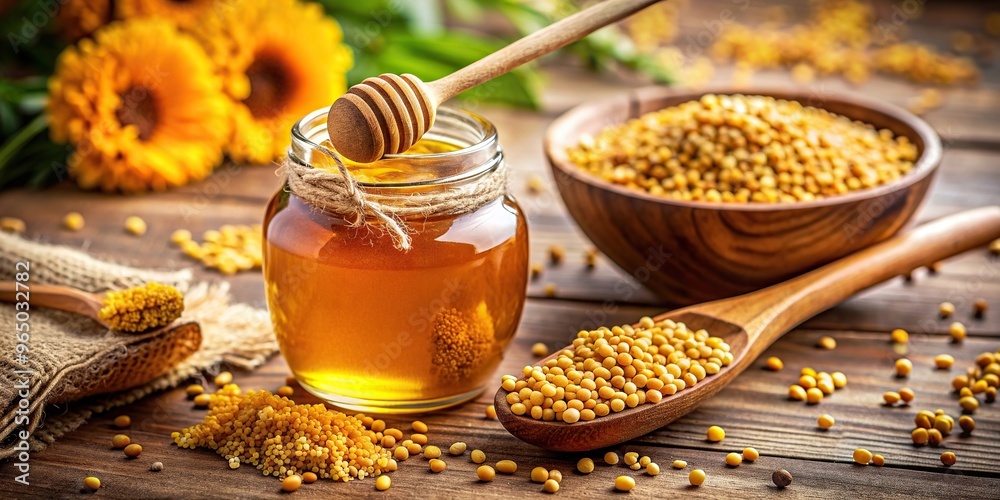 still life, healthy, jar,fresh honey, harvest, nutritious, close-up, apiary, eye level, A close up view of fresh honey and bee pollen displayed in a still life arrangement at eye level still life, healthy, jar,fresh honey, harvest, nutritious, close-up, apiary, eye level, A close up view of fresh honey and bee pollen displayed in a still life arrangement at eye level