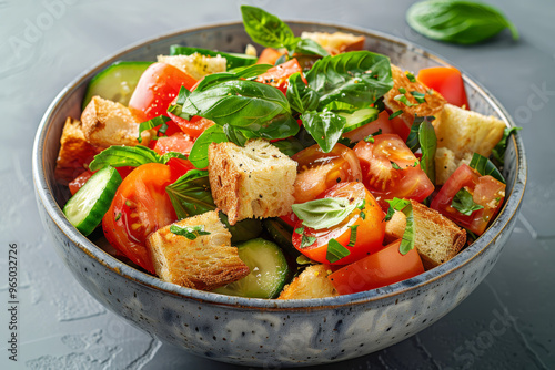 A bowl of panzanella salad with ripe tomatoes, cucumbers, and croutons