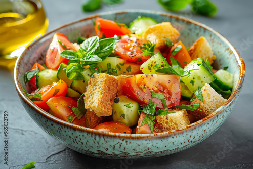 A bowl of panzanella salad with ripe tomatoes, cucumbers, and croutons