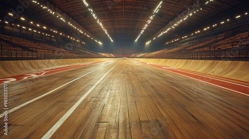 Cycling track, with marked lanes, empty stands, indoor arena lighting photo