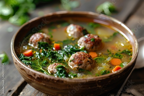 A bowl of Italian wedding soup with meatballs and escarole