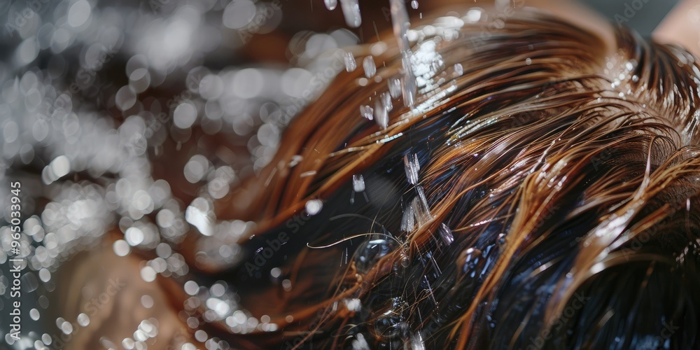 Close-up of a stylist rinsing a client's brunette hair at the salon's wash station. Close-up of a stylist rinsing a client's brunette hair at the salon's wash station.