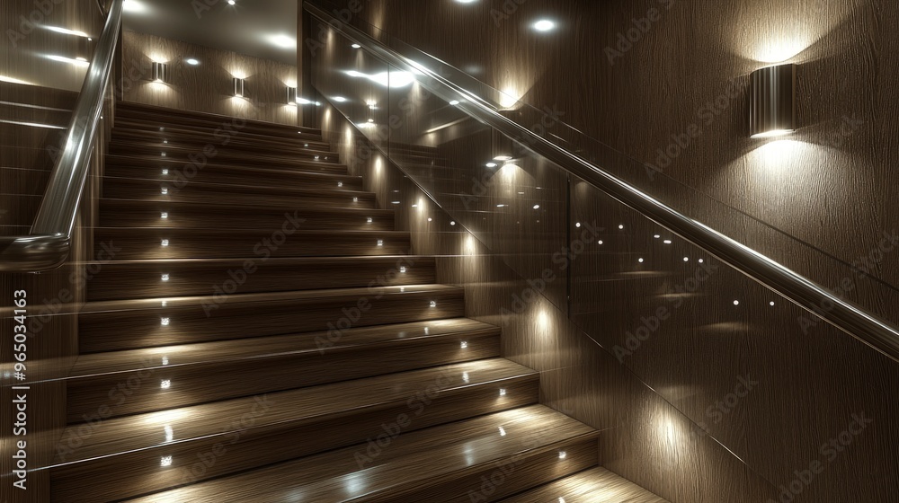 Elegant staircase, with glass railings and wooden steps, illuminated by recessed wall lights Elegant staircase, with glass railings and wooden steps, illuminated by recessed wall lights