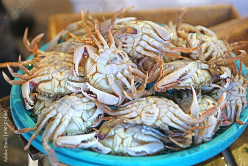 Raw blue crabs on basket for sale at Jukdo fish market near Pohang-si, South Korea 