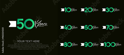 anniversary logotype set. green number and white ribbon for celebration