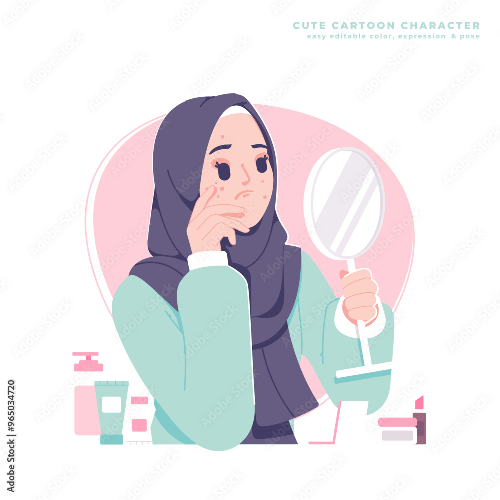 acne problem muslim girl character illustration acne problem muslim girl character illustration
