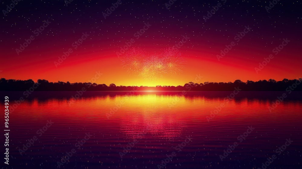 Naklejka premium Fireworks exploding above a lake, colorful reflections, clear night