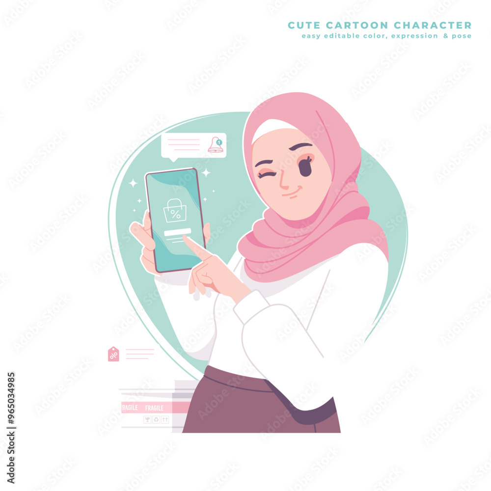 muslim girl character with smartphone illustration muslim girl character with smartphone illustration