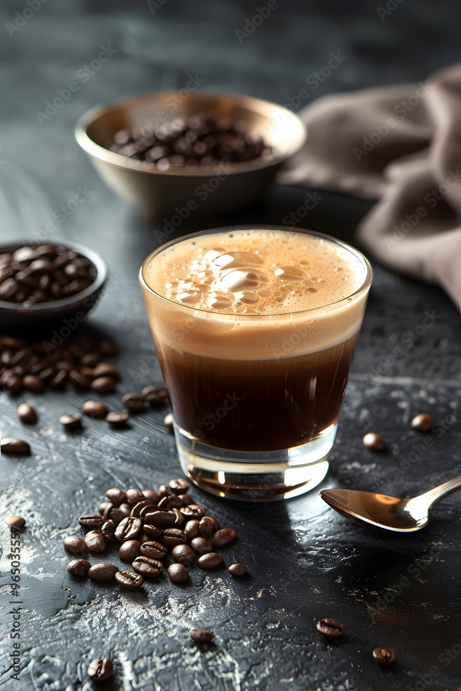 A chic coffee shop setting with a trendy nitro cold brew coffee in a sleek glass, with condensation on the outside, accompanied by a small dish of coffee beans and a spoon A chic coffee shop setting with a trendy nitro cold brew coffee in a sleek glass, with condensation on the outside, accompanied by a small dish of coffee beans and a spoon