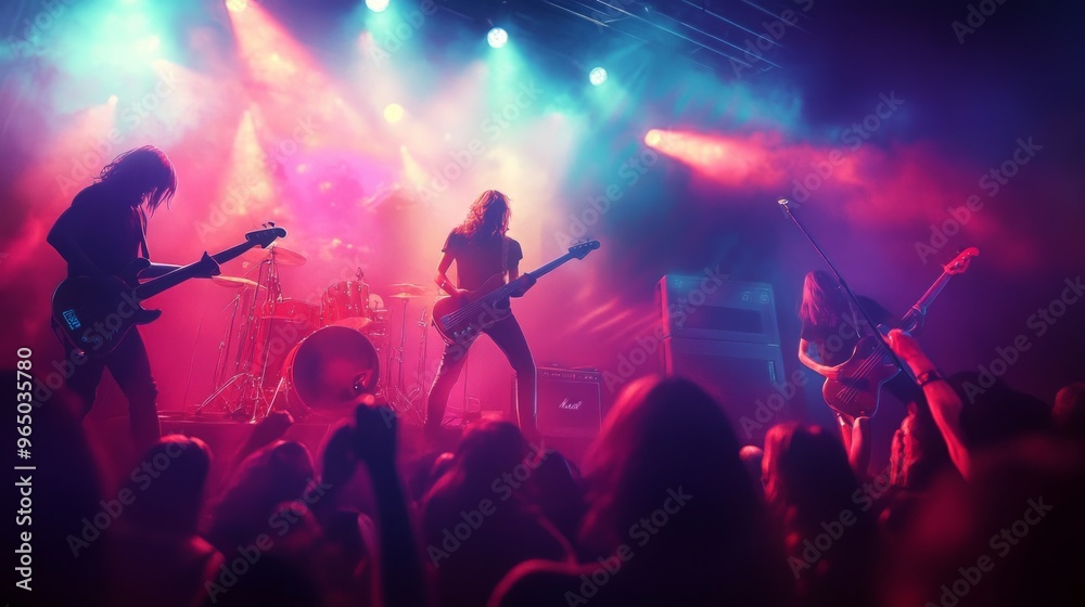 custom made wallpaper toronto digitalLive Music Performance, High resolution image of a rock band performing on stage, with vibrant stage lights, a cheering crowd, and an electric atmosphere
