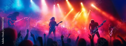 Live Music Performance, High resolution image of a rock band performing on stage, with vibrant stage lights, a cheering crowd, and an electric atmosphere