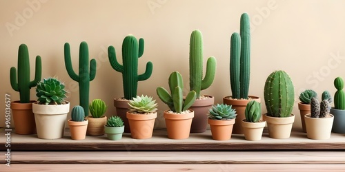 Various potted cacti and succulents on a wooden surface, with a neutral background