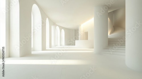 A spacious 3D white interior with soft lighting and smooth surfaces, providing a versatile background for your content.