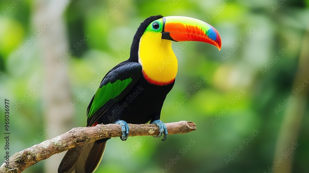 Obraz premium Colorful prints featuring a toucan, showcasing vibrant and exotic patterns. This design highlights the toucan’s distinctive beak and striking plumage against a backdrop of bold, lively colors, perfect