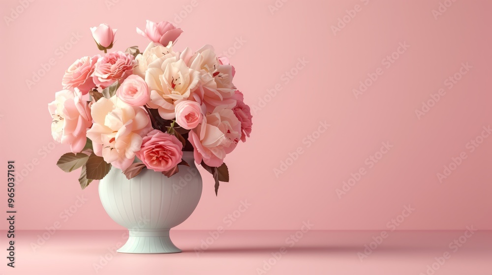 Elegant Floral Bouquet in White Vase on Soft Pink Background - Illustration of Pink Roses and Peonies in Bloom Elegant Floral Bouquet in White Vase on Soft Pink Background - Illustration of Pink Roses and Peonies in Bloom