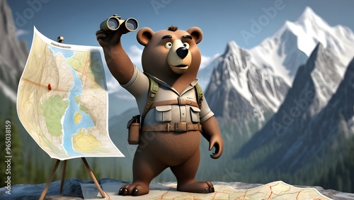 A bear with a map in hand and binoculars around its neck, eagerly pointing toward a mountain in the distance, ready to explore. It has a determined look and a compass hanging from its belt.