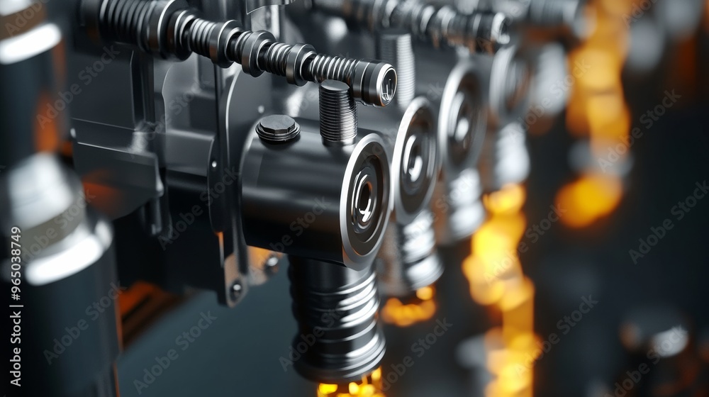 Close-up of an advanced industrial machine with intricate metallic components and glowing orange lights, highlighting precision engineering and sophisticated technology. Close-up of an advanced industrial machine with intricate metallic components and glowing orange lights, highlighting precision engineering and sophisticated technology.