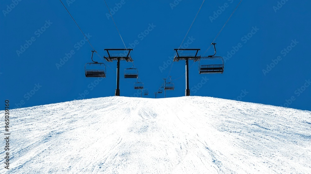 Ski slope, with chairlift and untouched snow, mountain backdrop, clear blue sky Ski slope, with chairlift and untouched snow, mountain backdrop, clear blue sky