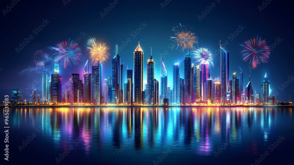 Fototapeta premium Skyline view, with fireworks bursting over skyscrapers, bright and colorful
