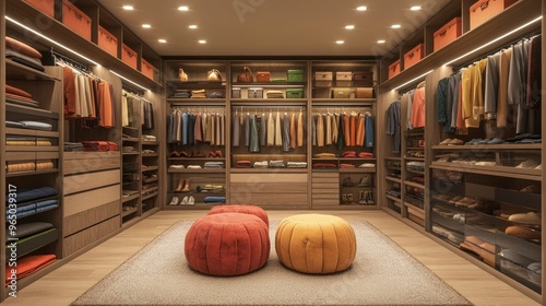 Sleek walk-in closet, with built-in storage, shoe racks, and a full-length mirror, bright ceiling lights