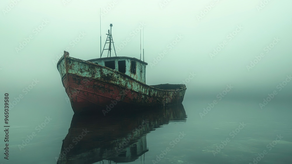 Fototapeta premium An abandoned fishing boat, slowly sinking into the sea, [neglect], [forgotten dreams]