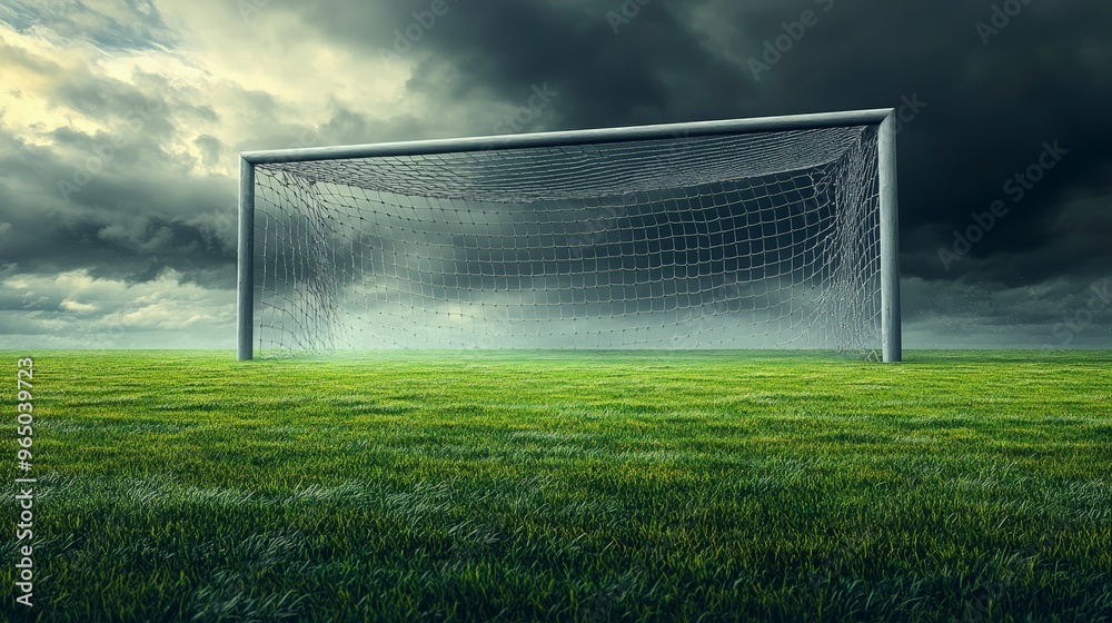 Fototapeta premium Soccer goalpost, with net swaying gently, empty field, overcast lighting