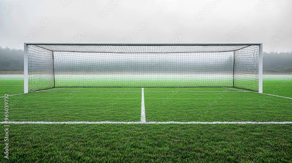 Fototapeta premium Soccer field, with goalposts and a net, empty stands, overcast skies