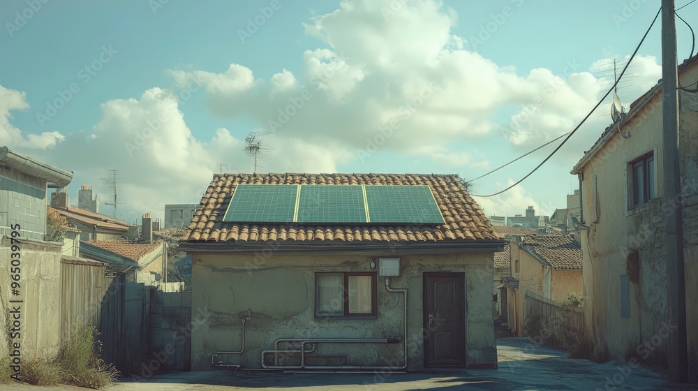 Solar water heater, installed on a rooftop, pipes leading into the house, sunny background Solar water heater, installed on a rooftop, pipes leading into the house, sunny background