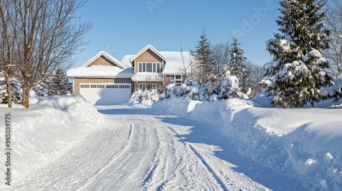 Close up view of a pile of snow being cleared from the driveway of a modern single-family home after a snowstorm. Ai generated image