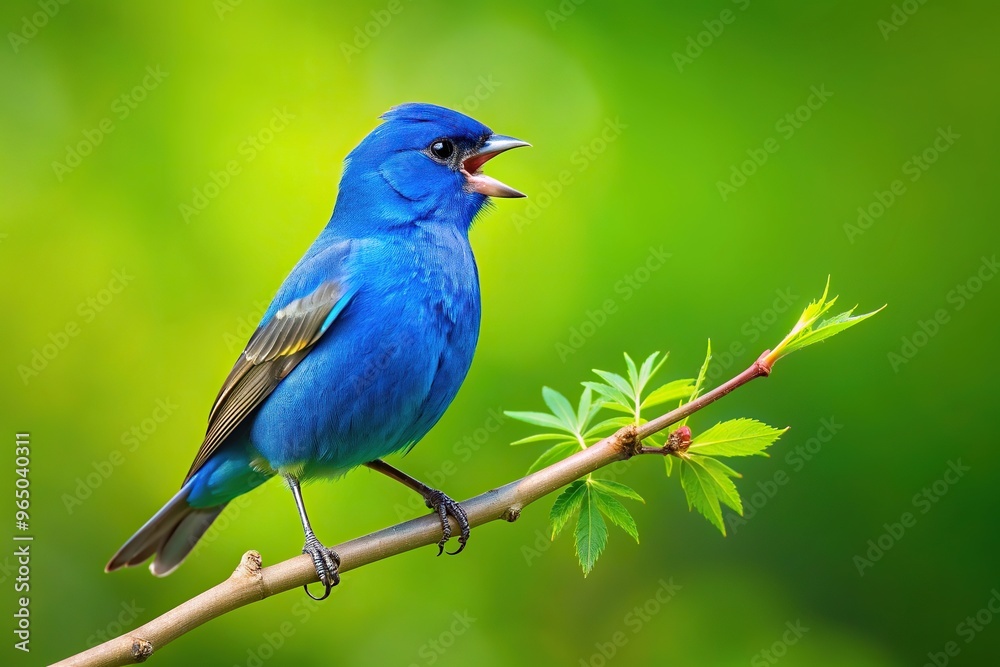 songbird, animal, avian, perch, vibrant, colorful, singing, nature, feathers, small bird, wildlife, green, Indigo Bunting perched on a branch singing against a vibrant green background songbird, animal, avian, perch, vibrant, colorful, singing, nature, feathers, small bird, wildlife, green, Indigo Bunting perched on a branch singing against a vibrant green background