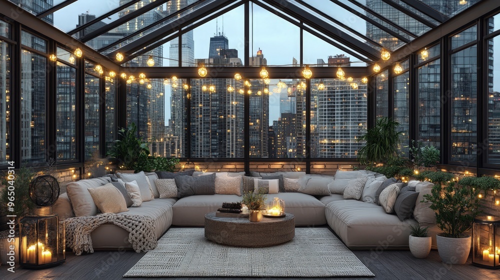 Stylish rooftop terrace, with outdoor lounge furniture, potted plants, and a city skyline view, twilight lighting