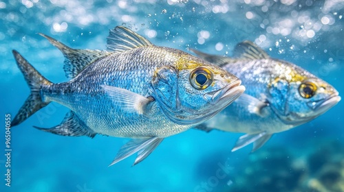 Sustainable fish farm, with clear water tanks, fish swimming, soft natural light