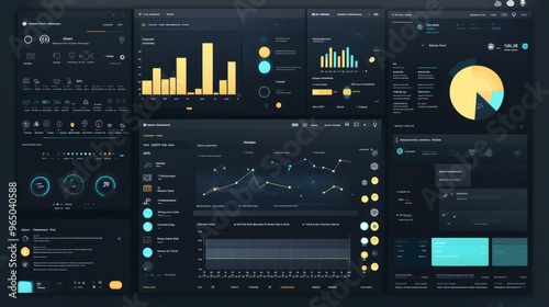 A detailed dashboard displaying various analytics and data visualizations, including bar charts, line graphs, and pie charts, in a dark-themed user interface.