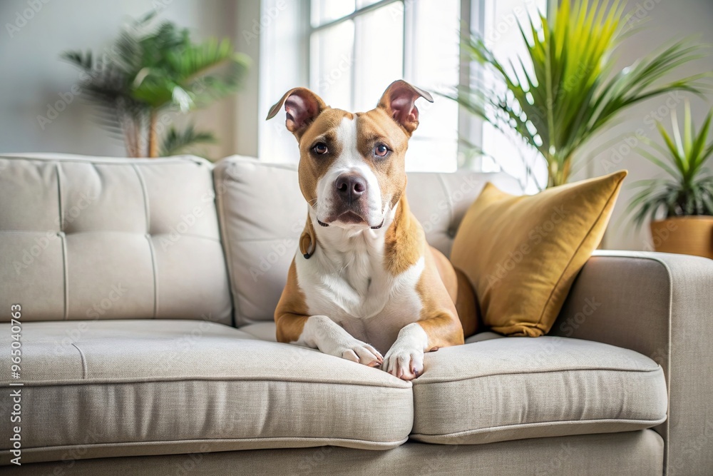 A relaxed American Staffordshire Terrier is seen resting on a light colored sofa inside a house, comfortable, American Pit Bull Terrier, light, dog, peaceful, interior, black and white A relaxed American Staffordshire Terrier is seen resting on a light colored sofa inside a house, comfortable, American Pit Bull Terrier, light, dog, peaceful, interior, black and white