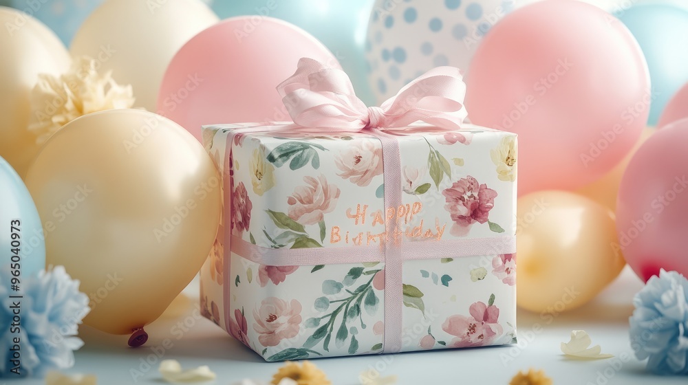 Close-up of a birthday gift box with floral wrapping, surrounded by balloons in a pastel Happy Birthday design. No logo, no people. Close-up of a birthday gift box with floral wrapping, surrounded by balloons in a pastel Happy Birthday design. No logo, no people.