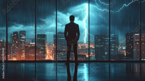 A silhouetted figure in a suit stands before a sprawling cityscape, watching a thunderstorm illuminate the night sky through large windows.