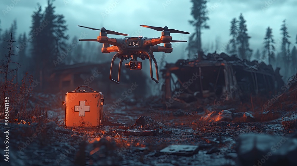 Unmanned medical drone, with a first aid kit, hovering over an accident scene, late afternoon Unmanned medical drone, with a first aid kit, hovering over an accident scene, late afternoon