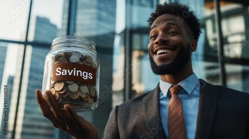 A cheerful man in a suit proudly holds a jar labeled 